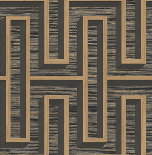 Brewster | Wallpaper | Henley Geometric Grasscloth - Black & Gold